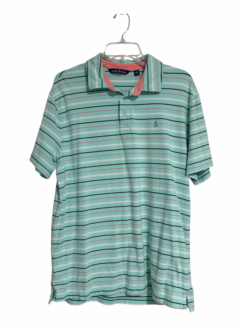 Saltwater-Striped Aqua Polo with Coral Collar Accent